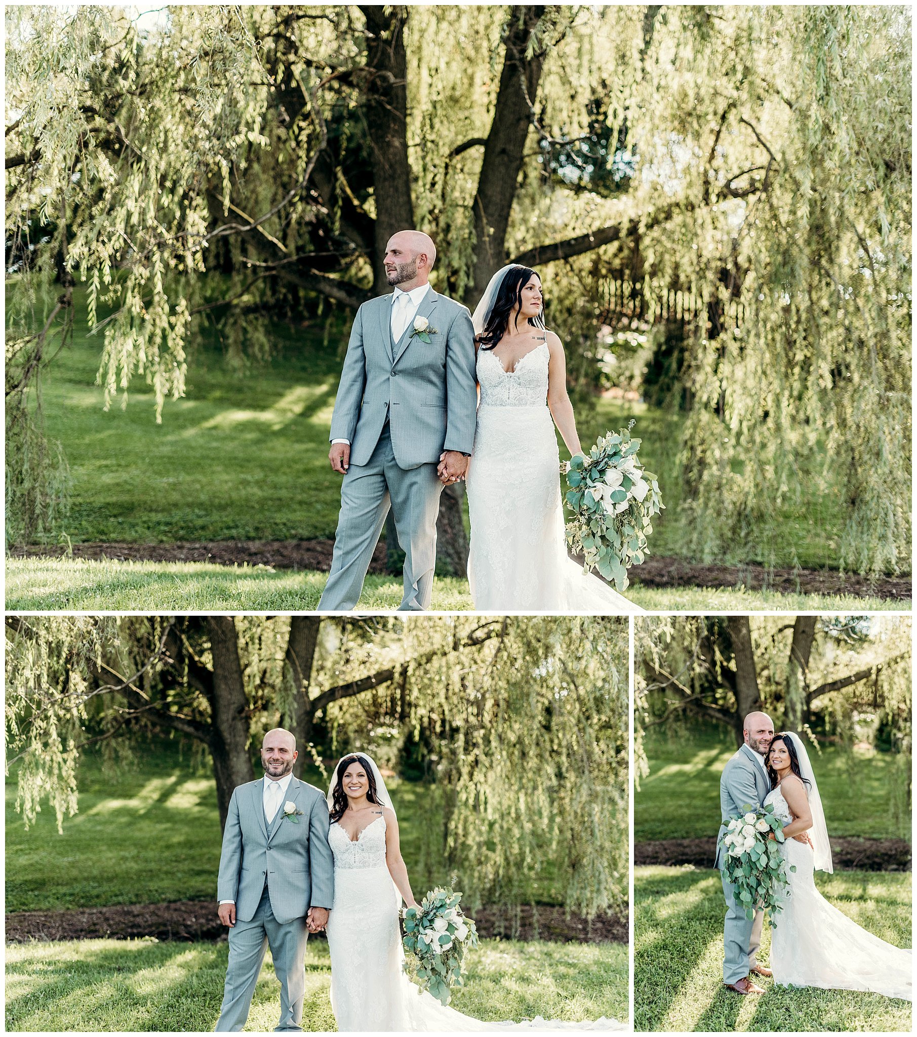 Bride and Groom by the willow tree at Rustic Acres