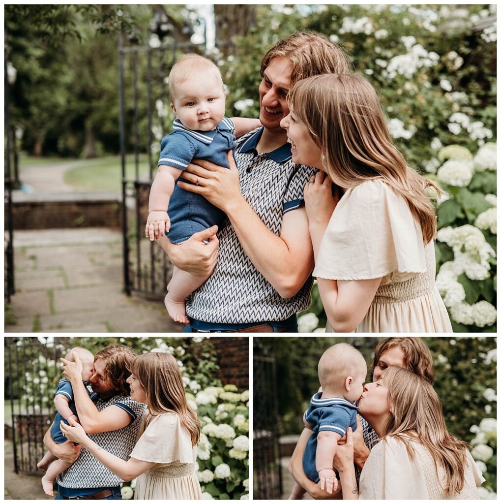 Close-up of family's coordinated navy blue and tan outfits at Mellon Park