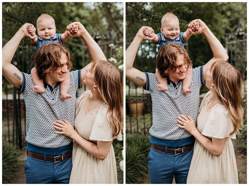 Family portrait with Mellon Park's lush gardens in background