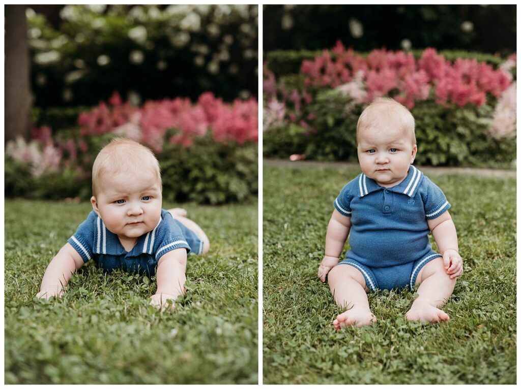 Close-up of baby boy in blue romper at Mellon Park, Pittsburgh