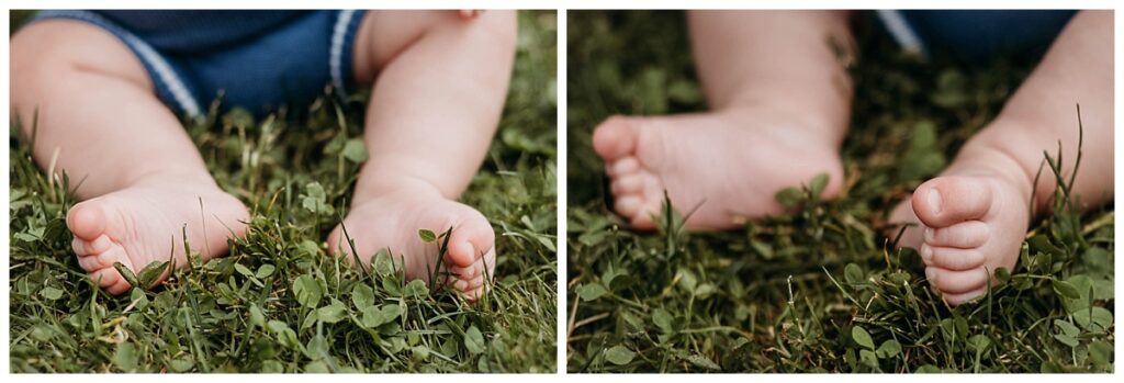 Close-up of baby boy in blue romper at Mellon Park, Pittsburgh