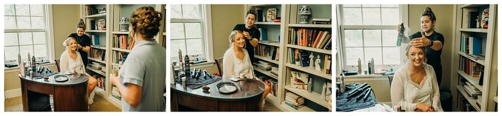 Bride having her hair styled in preparation for her wedding at Succop Nature Park