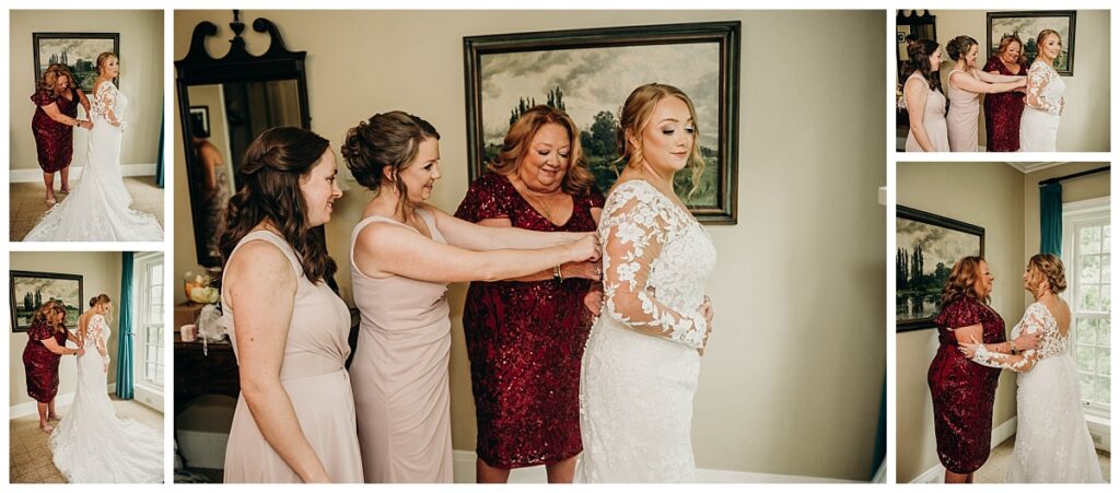 Bride getting into her dress with the help of her mom and sisters at Succop Nature Park 