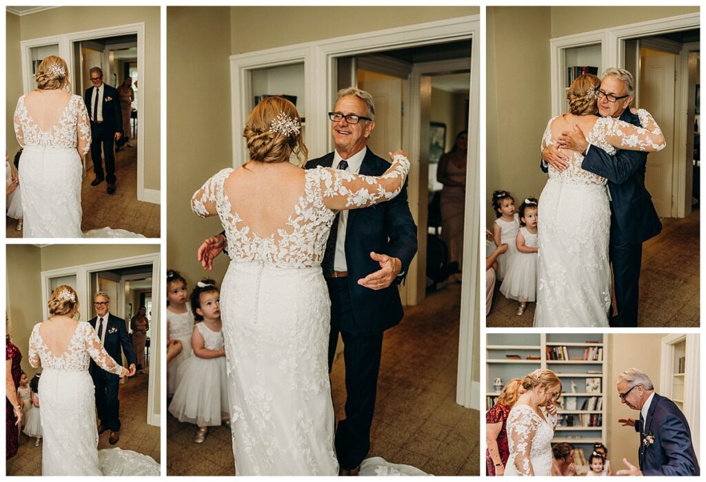 Father's emotional reaction as he sees the bride for the first time at Succop Nature Park