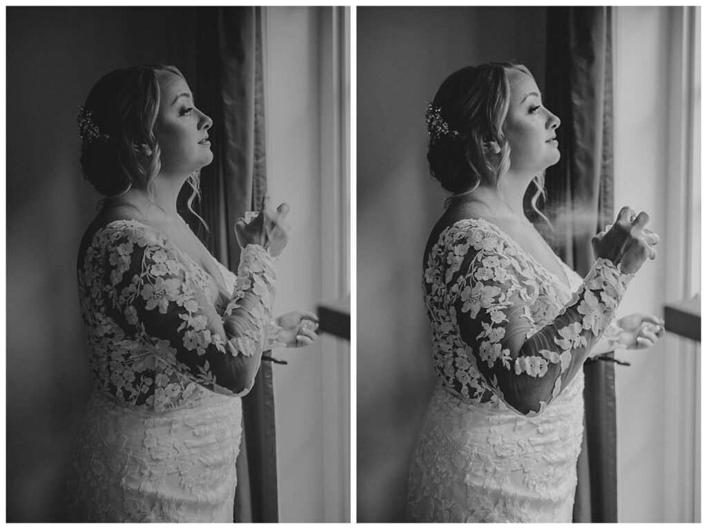 Bride spraying perfume before wedding day at Succop nature park 