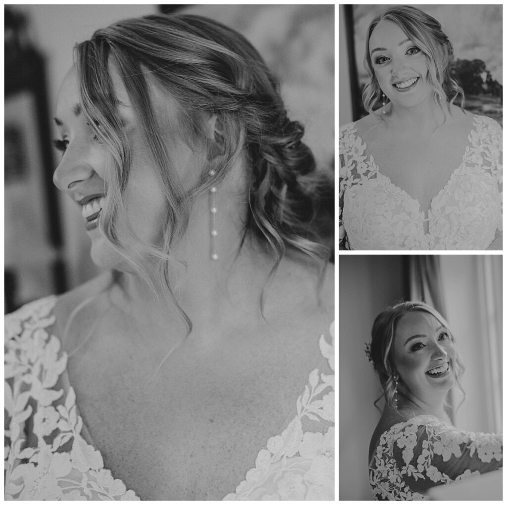 Bride smiling with excitement while putting on her wedding dress at Succop Nature Park