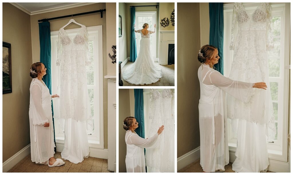 Bride admiring dress before her wedding day at Succop Nature Park 