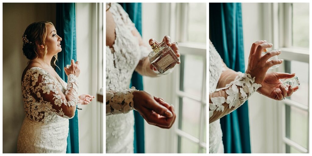 Bride spraying perfume before wedding day at Succop nature park 