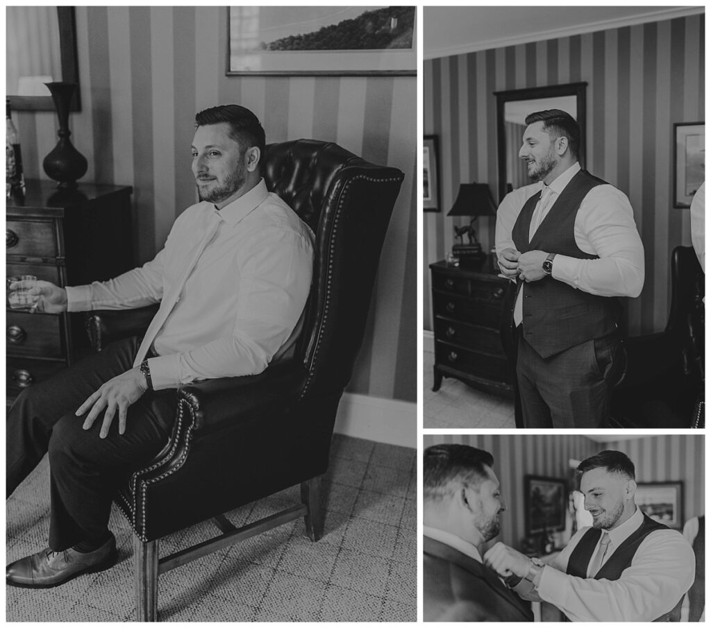 Groomsmen helping groom with his final preparations in the bridal suite at Succop Nature Park