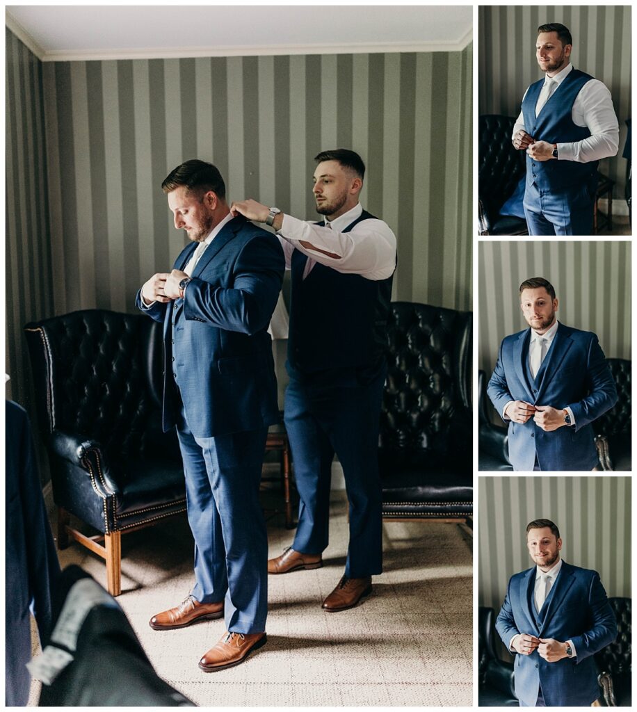 Best man helping groom with his final preparations in the bridal suite at Succop Nature Park