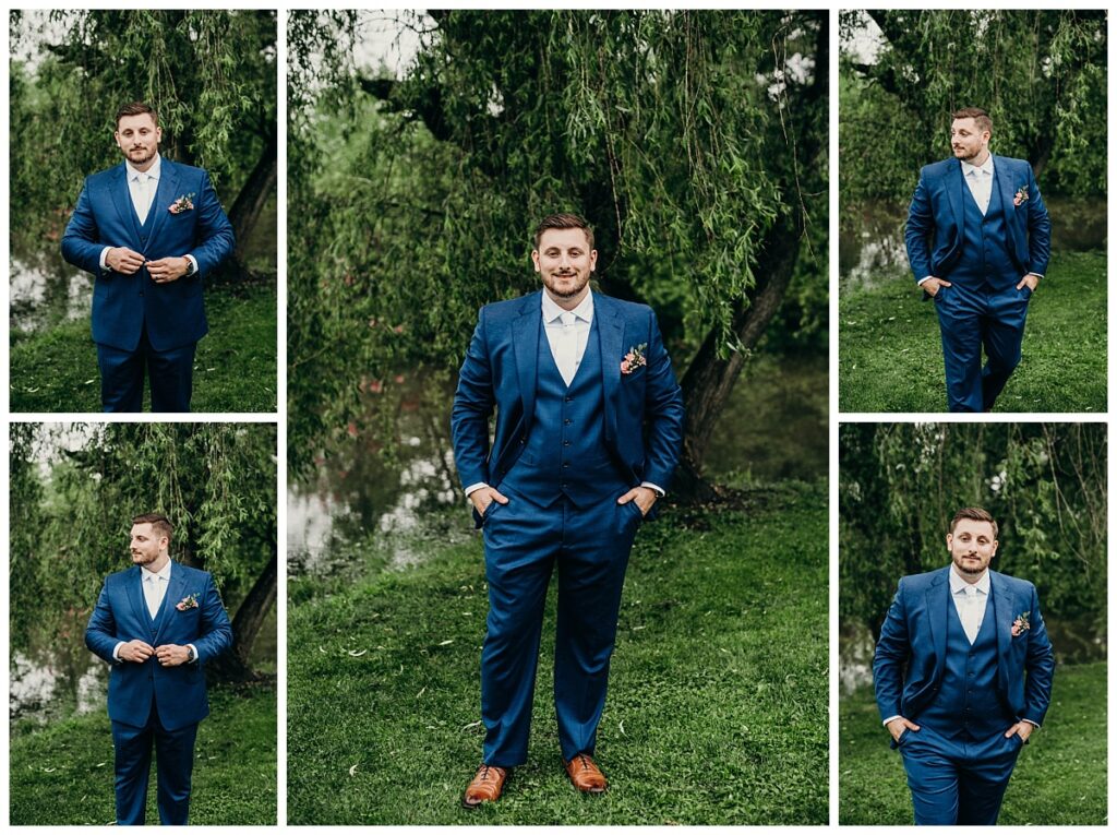 Groom posing under the willow tree at Succop Nature Park 