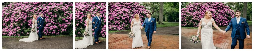 Bride and groom walking hand in hand during portraits Succop Nature Park