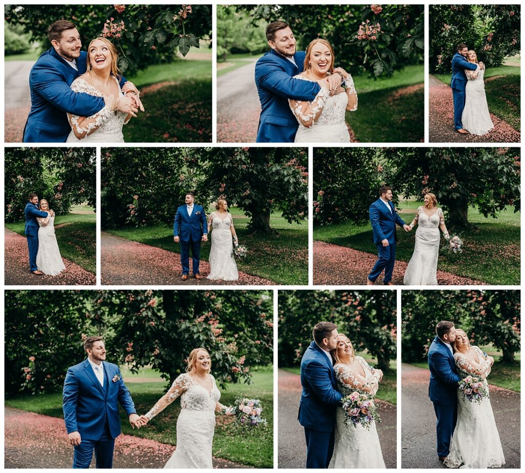 Portrait of the bride and groom smiling joyfully amidst Succop Nature Park's blooming tree