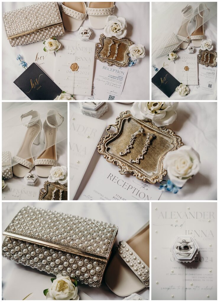 Close-up of the bride’s wedding accessories, including her earring showcasing elegant details