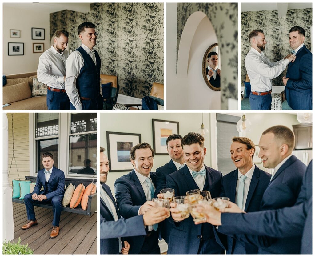 Groom and groomsmen preparing for the wedding, adjusting their ties and jackets, capturing the excitement before the ceremony.