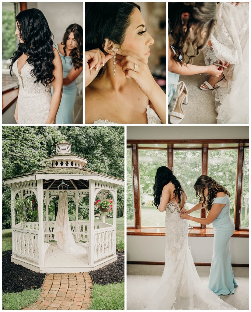 Bride getting her dress on before her ceremony and portrait of the dress hanging