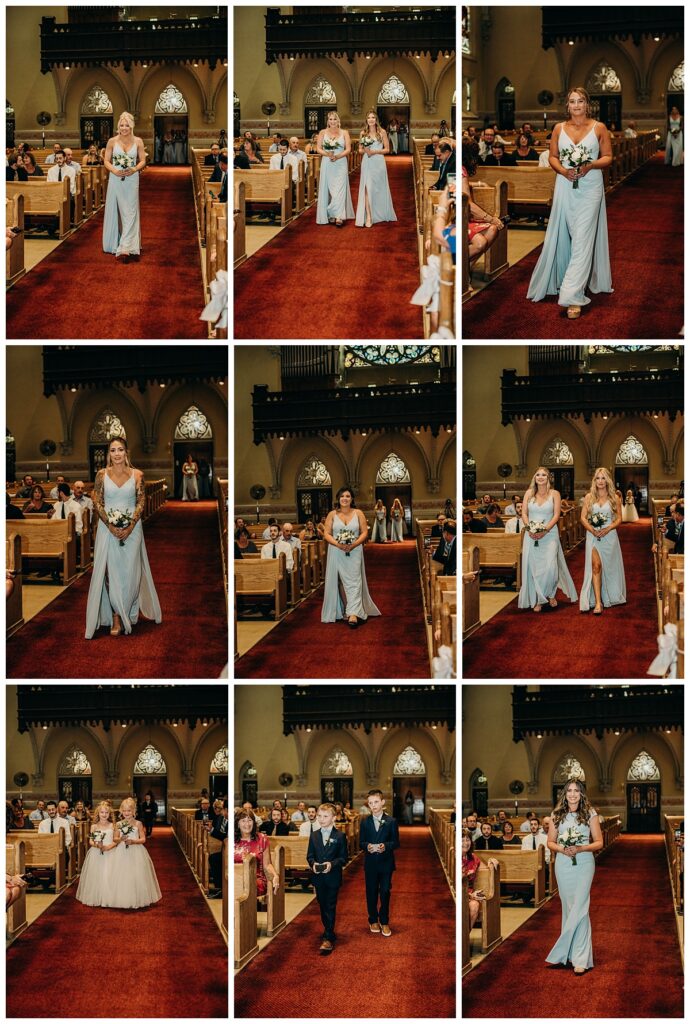 Bridesmaids walking down the aisle at Archangel Gabriel Parish, wearing coordinated dresses and smiling as they lead up to the ceremony.