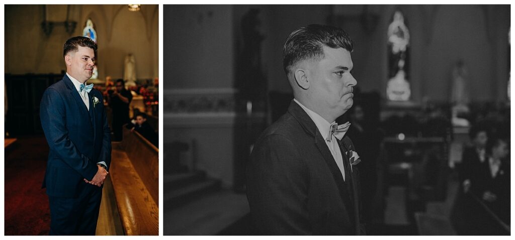 Groom standing at the end of the aisle at Archangel Gabriel Parish, eagerly awaiting the bride's entrance during the wedding ceremony.