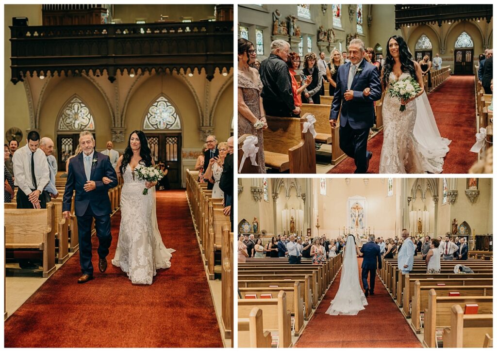 Bride and her father walking down the aisle at Archangel Gabriel Parish, sharing a touching moment as they approach the altar.