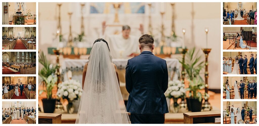 Bride and groom standing at the altar during their wedding ceremony at Archangel Gabriel Parish, exchanging vows and sharing a tender moment.