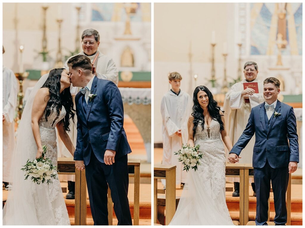 Bride and groom sharing their first kiss as a married couple at Archangel Gabriel Parish, captured during their wedding ceremony.