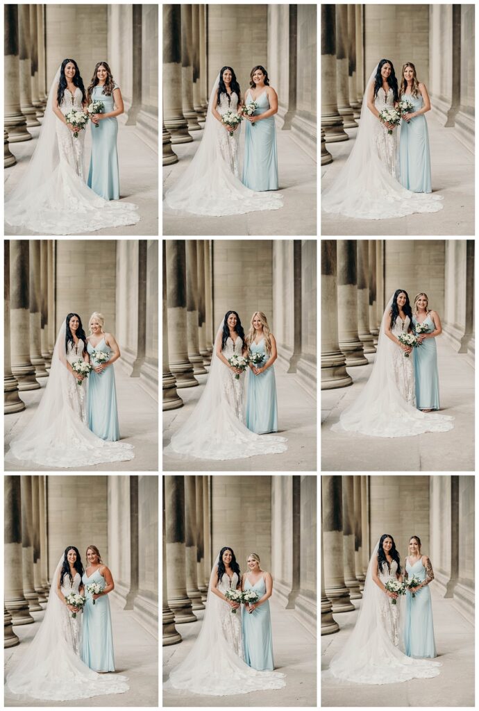 Bride and bridesmaids posing together in elegant attire at the Mellon Institute, showcasing their coordinated looks against the venue’s grand backdrop.