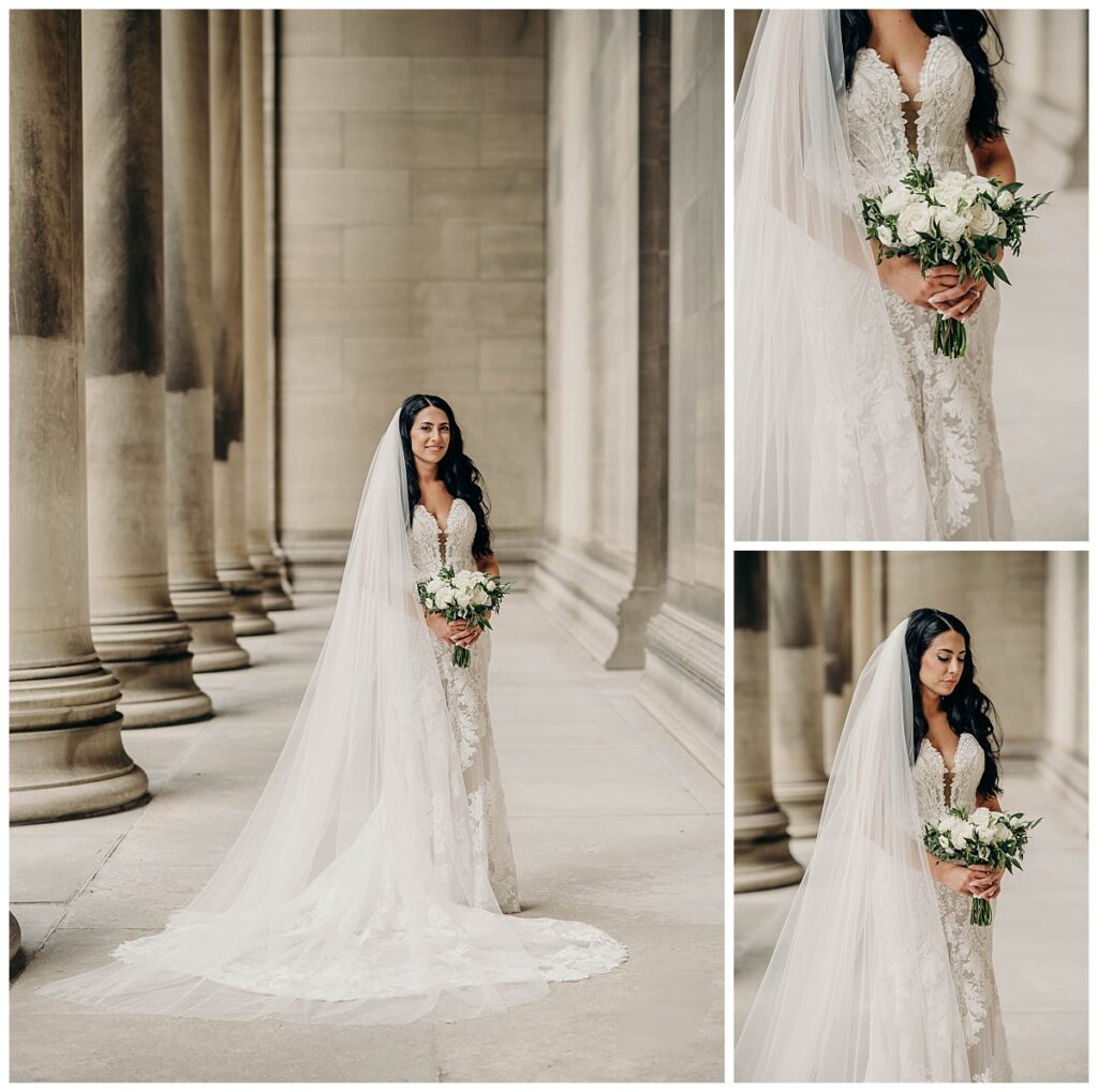 Close-up portrait of the bride, showcasing her radiant smile and intricate hairstyle at the Mellon Institute.