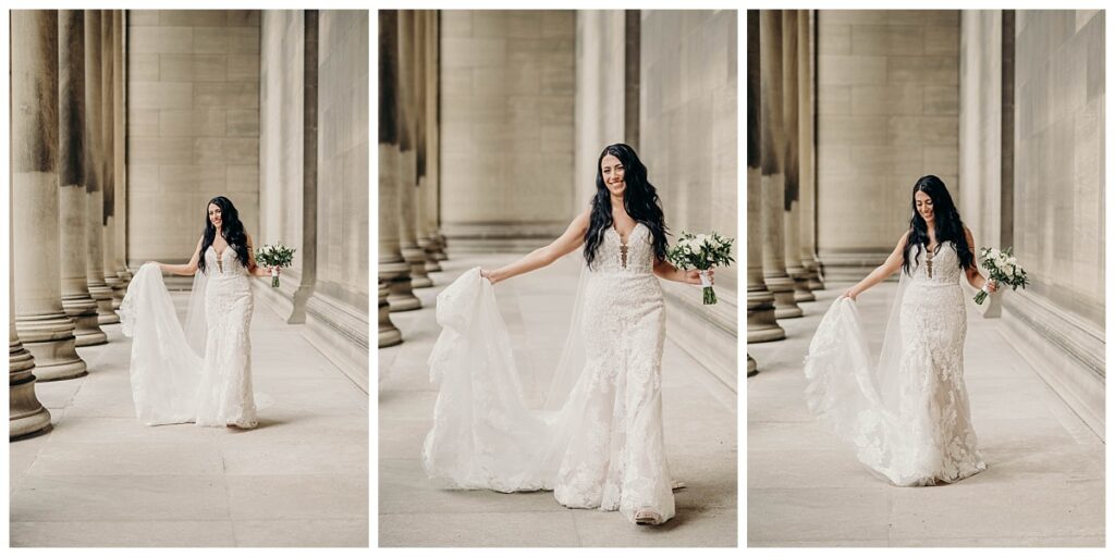 Bride posing gracefully at the Mellon Institute, highlighting her elegant gown and the venue’s sophisticated architecture.