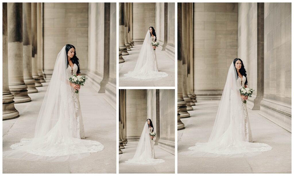 Bride posing gracefully at the Mellon Institute, highlighting her elegant gown and the venue’s sophisticated architecture.