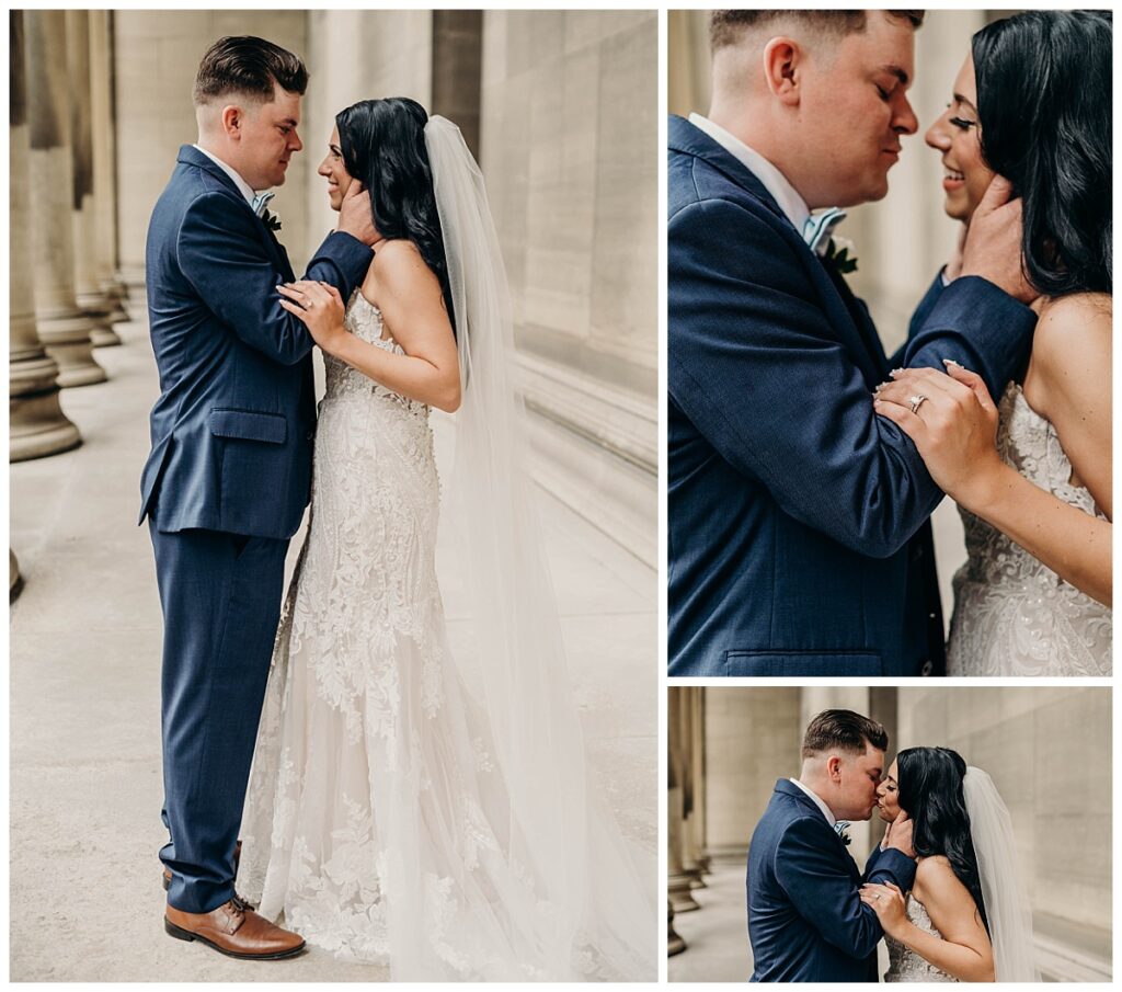 Romantic portrait of the bride and groom at the Mellon Institute, capturing their intimate moment and the venue’s timeless beauty.