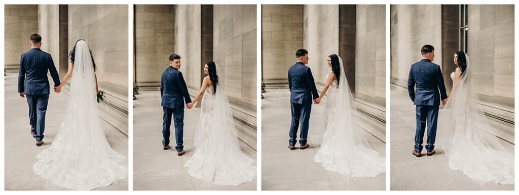 Bride and groom strolling hand-in-hand at the Mellon Institute, enjoying a serene moment together amidst the venue's elegant surroundings.