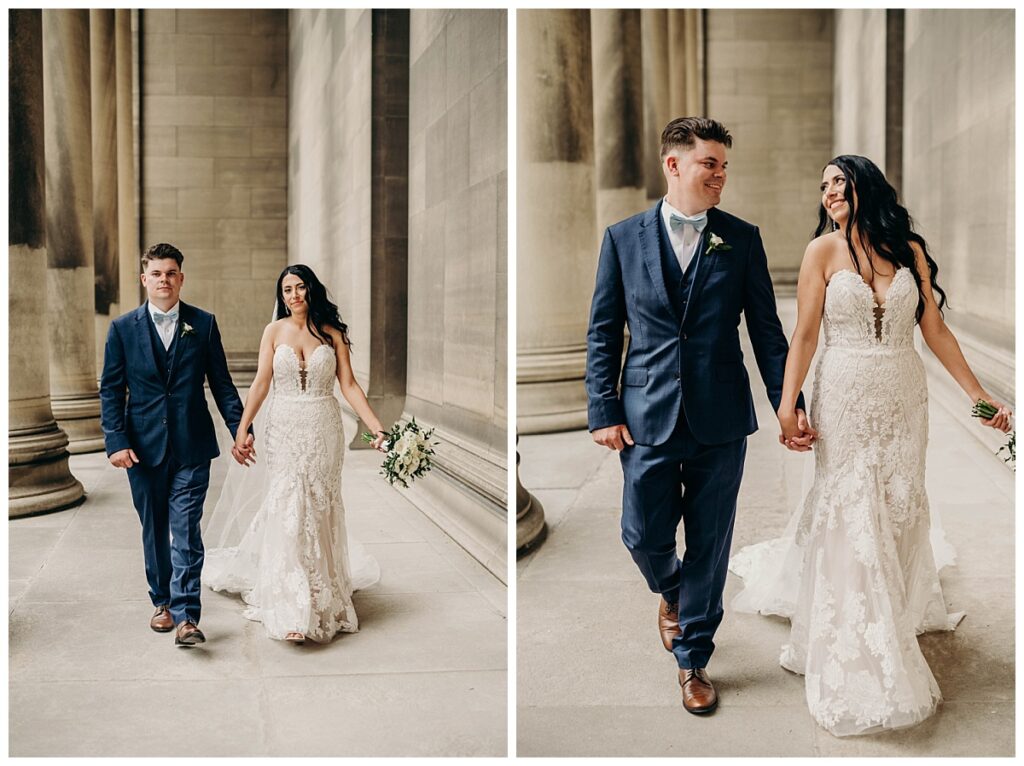 Bride and groom strolling hand-in-hand at the Mellon Institute, enjoying a serene moment together amidst the venue's elegant surroundings.