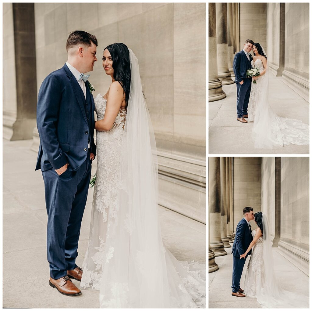 Bride and groom posing together at the Mellon Institute, showcasing their elegant attire against the venue’s grand architecture.