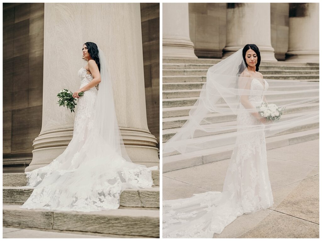 Full-length portrait of the bride in her wedding dress at the Mellon Institute, capturing the elegance and flow of her gown.