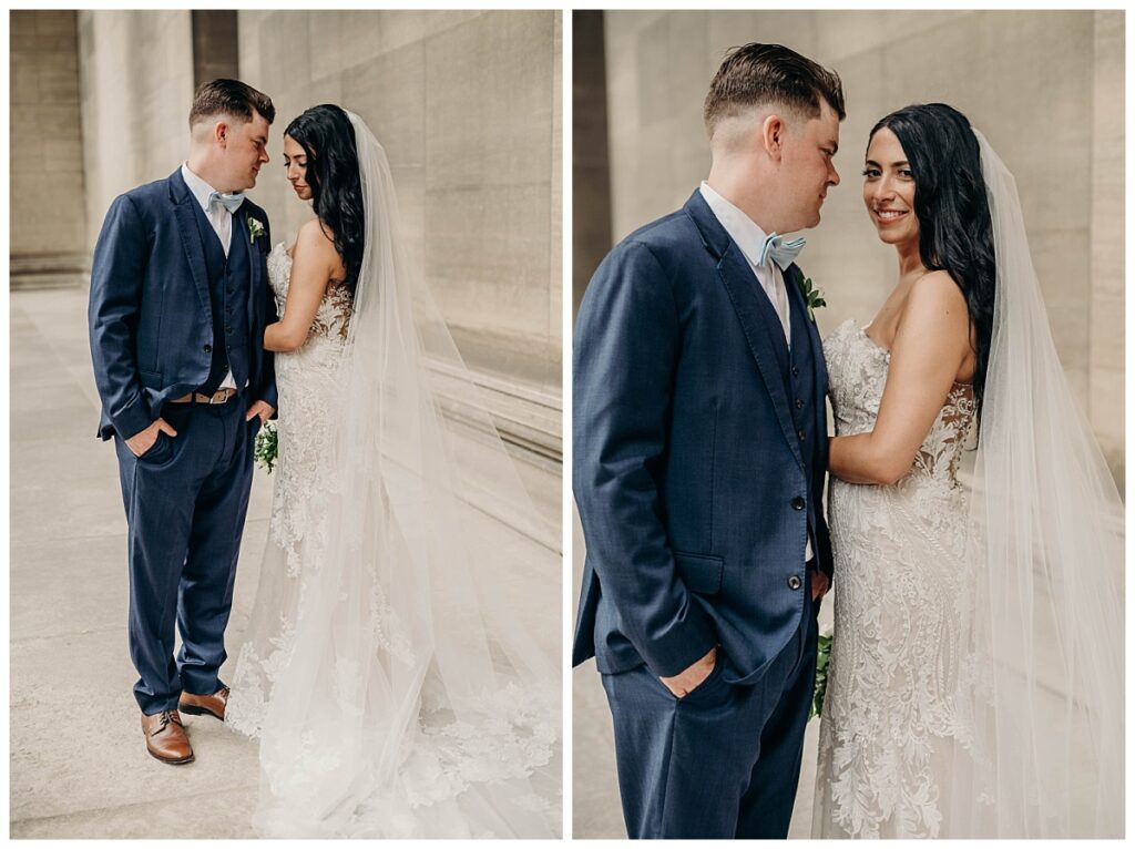 Bride and groom standing in a classic pose at the Mellon Institute, highlighting their love and the sophistication of the venue.