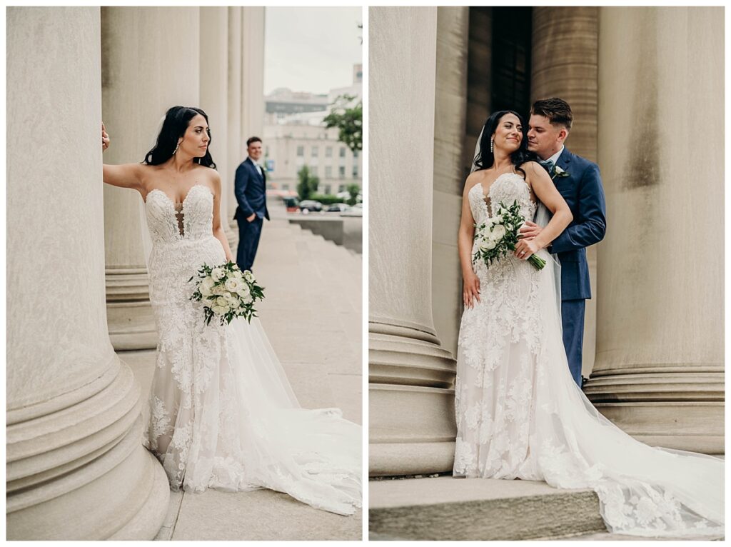 Bride and groom standing in a classic pose at the Mellon Institute, highlighting their love and the sophistication of the venue.