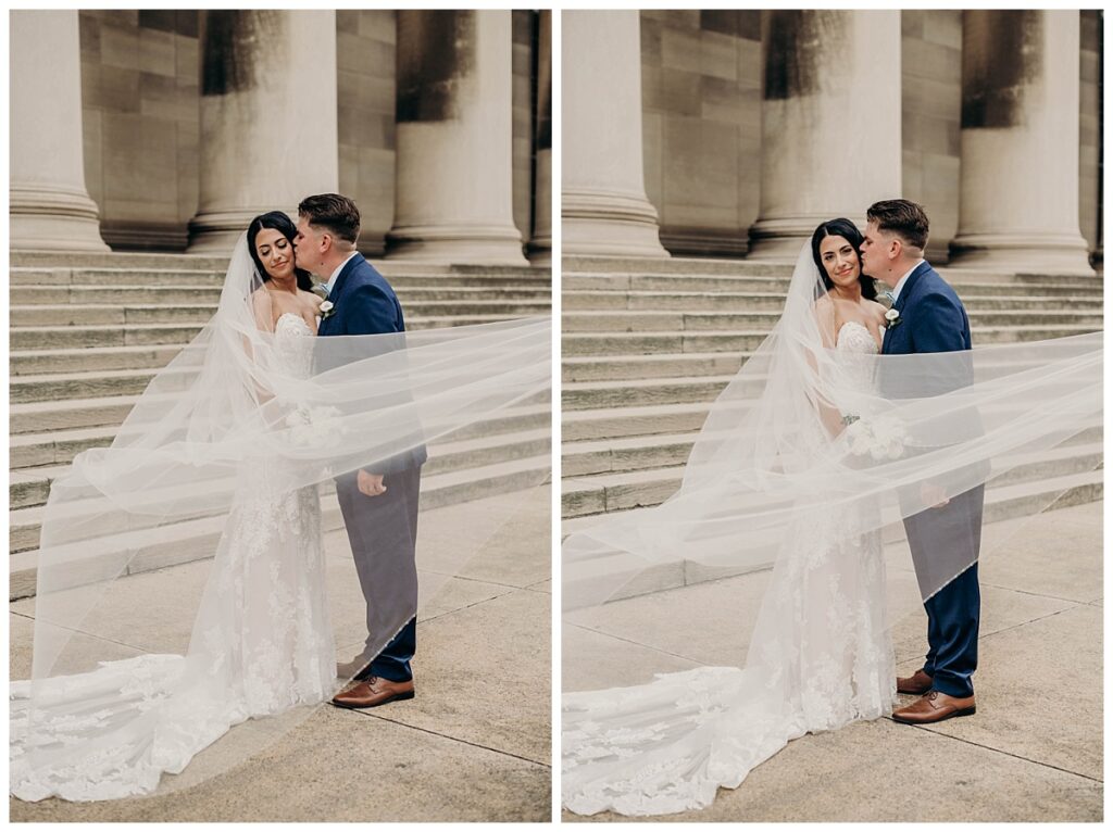 Close-up portrait of the bride and groom at the Mellon Institute, capturing their joyful expressions and the details of their wedding attire.