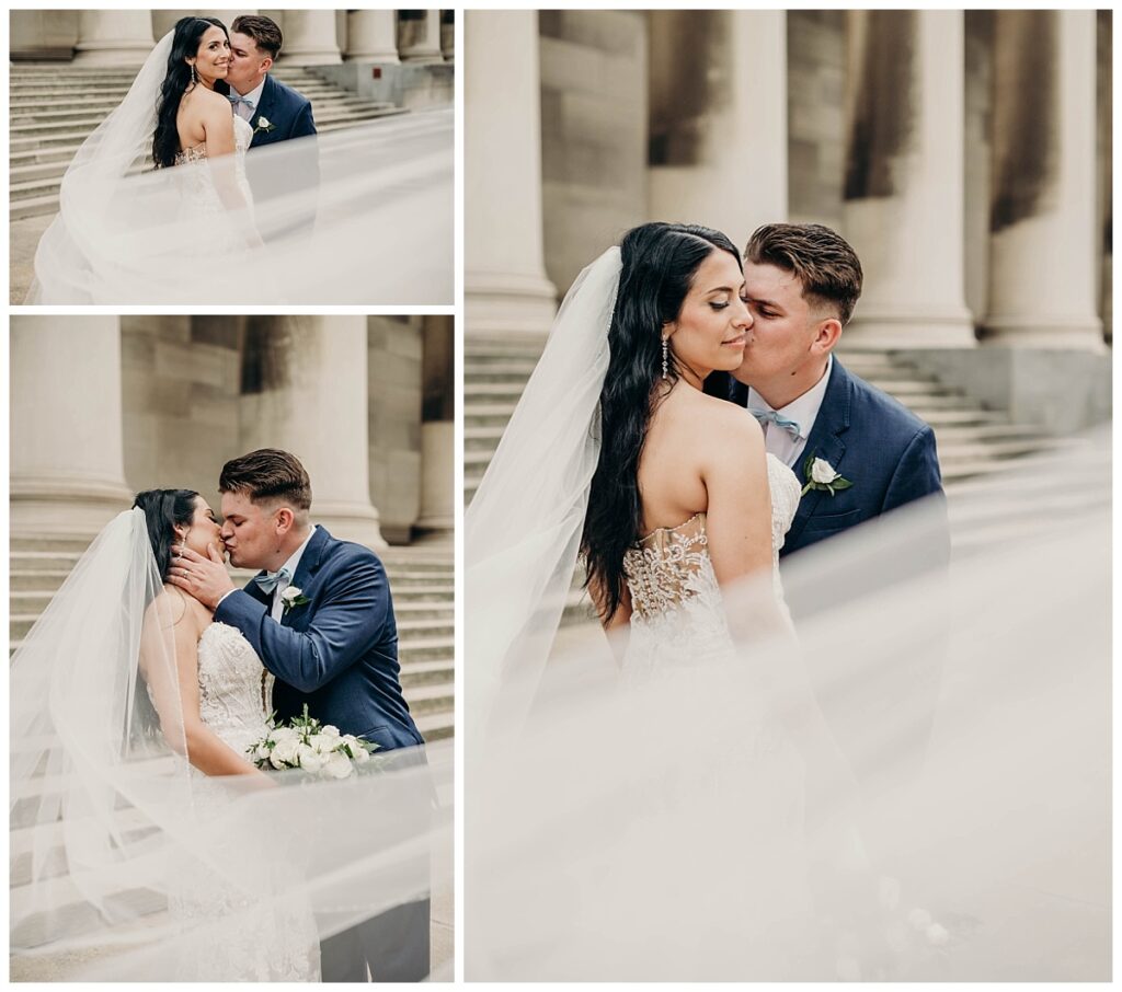 Romantic portrait of the bride and groom at the Mellon Institute, capturing their intimate moment and the venue’s timeless beauty.