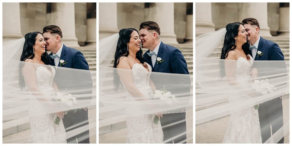 ride and groom sharing a romantic embrace at the Mellon Institute, framed by the venue’s luxurious setting and their elegant outfits.