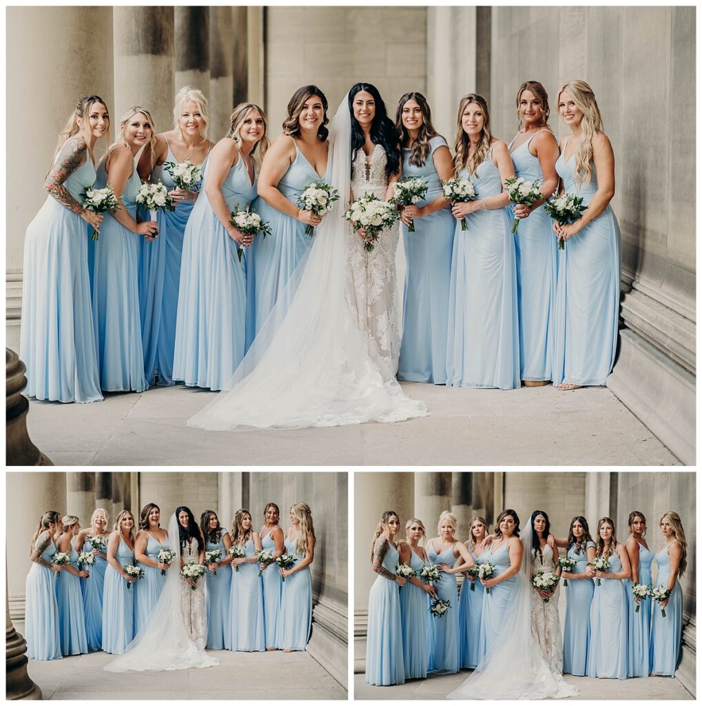 Bride and bridesmaids posing together in elegant attire at the Mellon Institute, showcasing their coordinated looks against the venue’s grand backdrop.