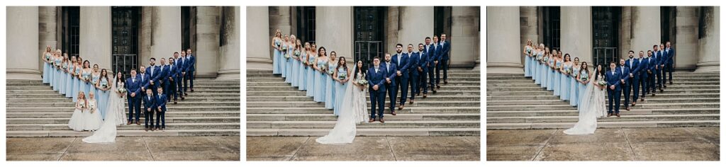 Bridal party posing together at the Mellon Institute, showcasing their coordinated outfits and the venue's sophisticated architecture.