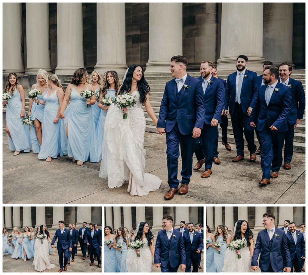 Group photo of the bridal party at the Mellon Institute, capturing their joyful expressions and the grandeur of the historic venue.