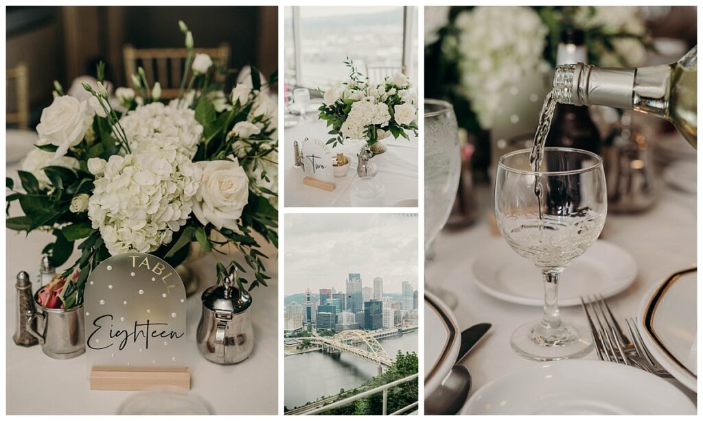 Beautifully arranged reception table with elegant place settings, floral centerpieces, and candles at the LeMont, creating a sophisticated ambiance.