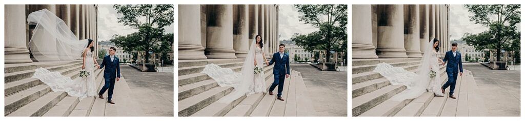 Bride and groom walking hand-in-hand down the grand steps of the Mellon Institute, showcasing their elegant attire and the venue’s majestic architecture.