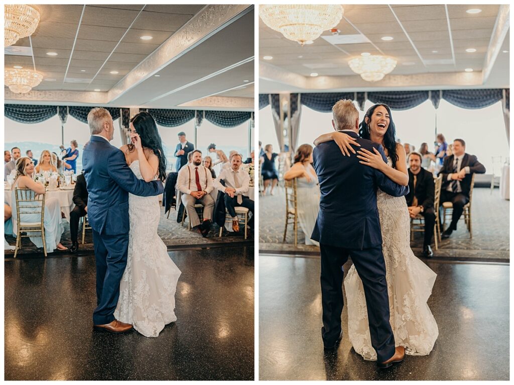 Bride and her father sharing a heartfelt dance at the LeMont reception, with soft lighting and elegant decor creating a touching moment.