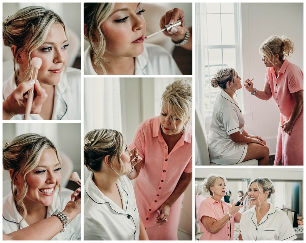 Candid moment of bride Gianna getting her makeup done at Bramblewood Pittsburgh.