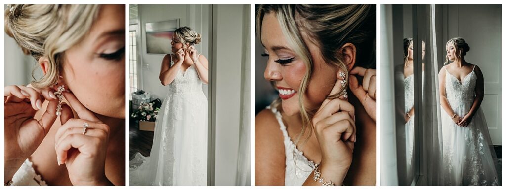 Bride putting on earrings in the bridal suite at Bramblewood Pittsburgh.