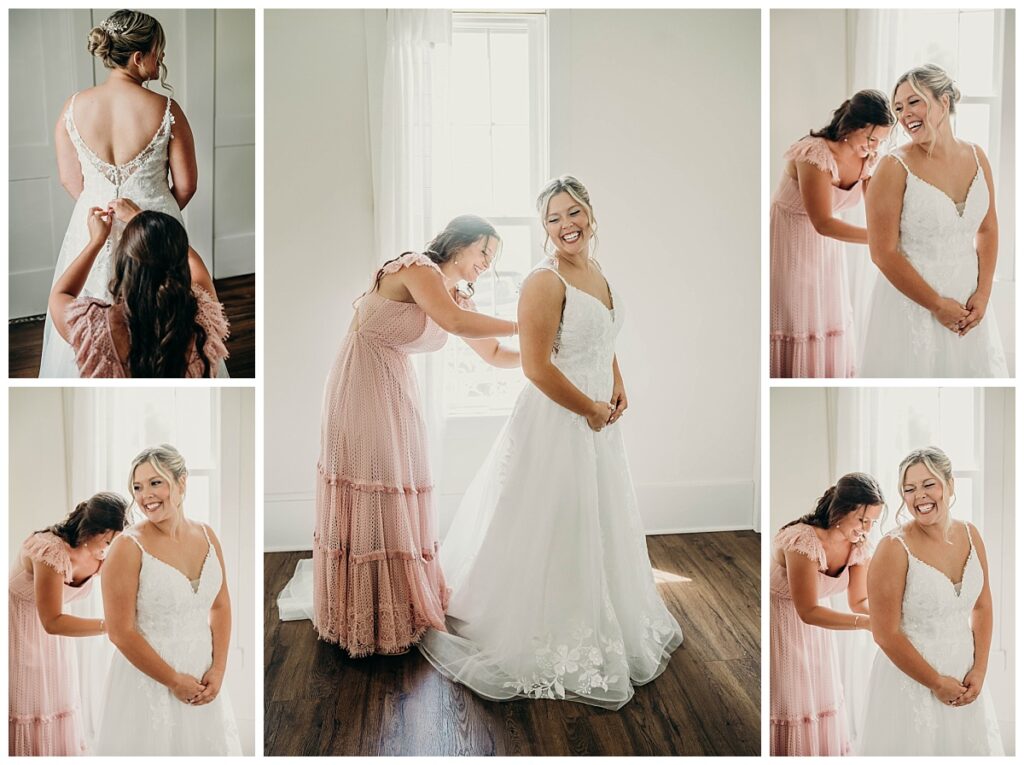 Maid of Honor helping Gianna into her wedding dress at Bramblewood Pittsburgh.