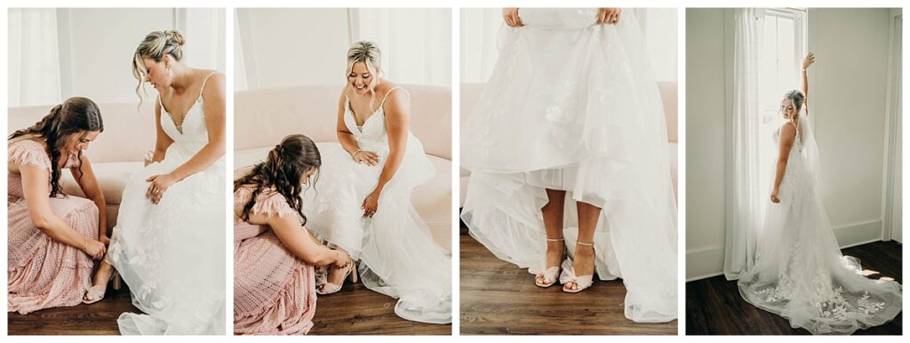 Maid of Honor helping Bride into her shoes before the wedding at Bramblewood.