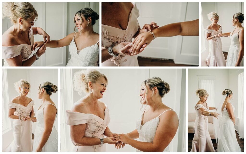 Mother of the bride helping Gianna with final touches before the ceremony at Bramblewood.